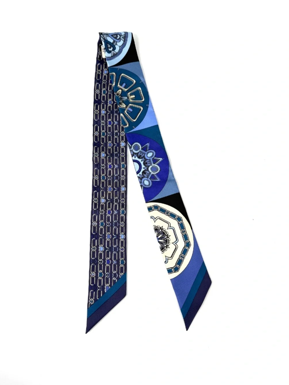 Hermes Effet Kaleidoscope Print Bleu Jean Creme Indigo Silk Twilly Scarf